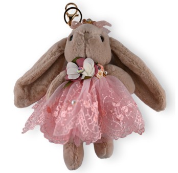 Porte clés lapin shabby taupe et rose