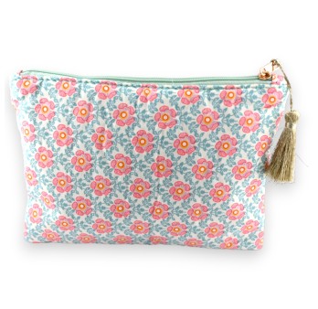 Pochette HAPPY coton imprimé fleurs rose et vert d'eau