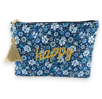 Pochette HAPPY coton fleurs nuance bleu
