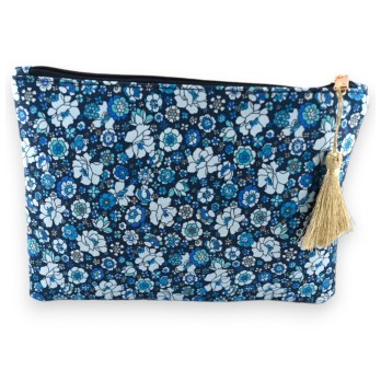 Pochette HAPPY coton fleurs nuance bleu