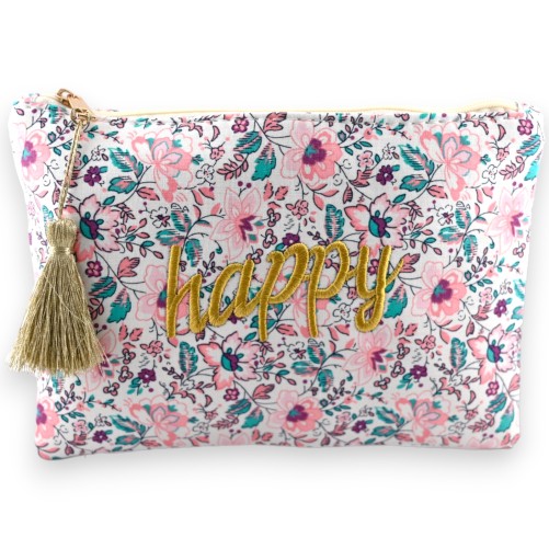 Pochette AMOUR coton fleurs rose bleu marron